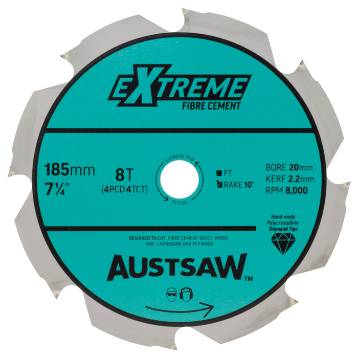 Austsaw - 185mm ( 7 1/4in) Polycrystalline Diamond Blade - 20/16mm Bore -4PCD 4T