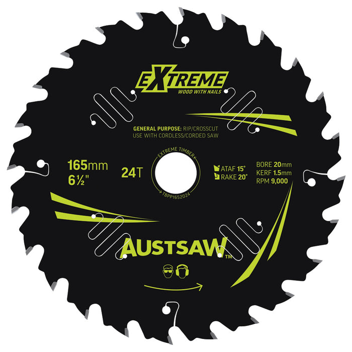 Austsaw Extreme: Wood with Nails Blade 165mm x 20/16 Bore x 24 T ThinKerf