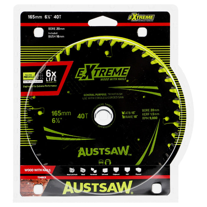 Austsaw Extreme: Wood with Nails Blade 165mm x 20/16 Bore x 40 T ThinKerf