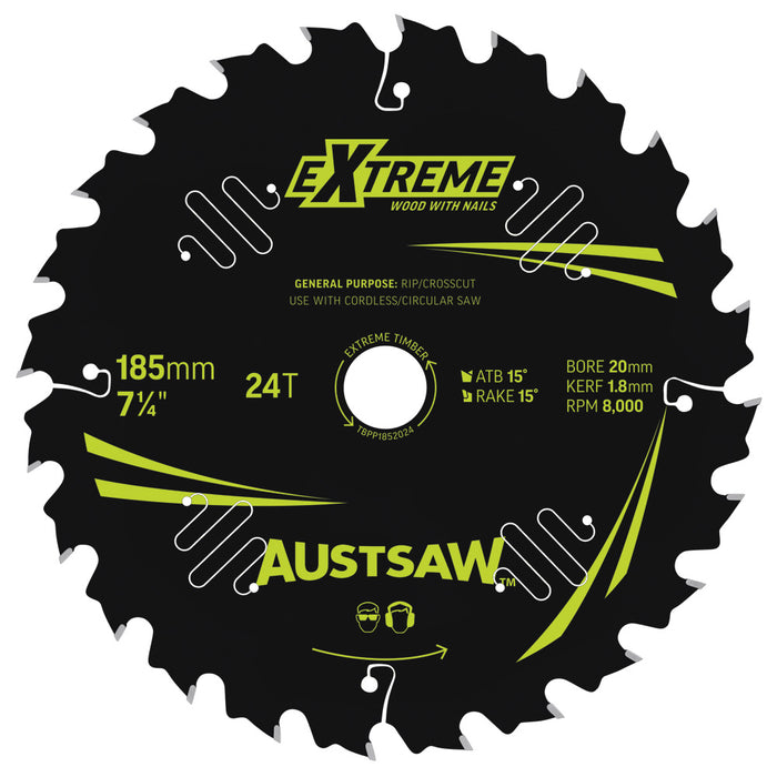 Austsaw Extreme: Wood with Nails Blade 185mm x 20/16 Bore x 24 T