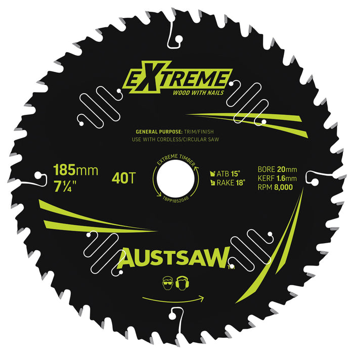 Austsaw Extreme: Wood with Nails Blade 185mm x 20/16 Bore x 40 T ThinKerf