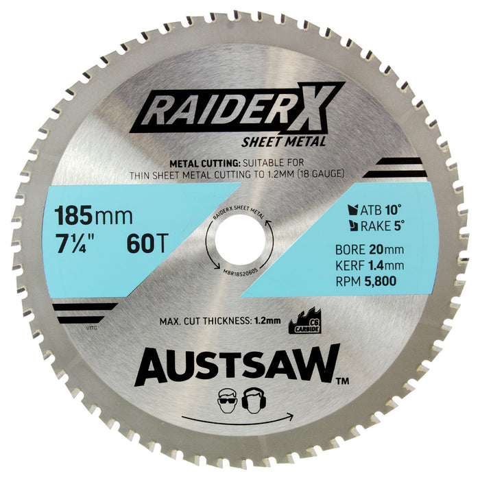 Austsaw RaiderX Sheet Metal Blade 185mm x 20 x 60T TCT