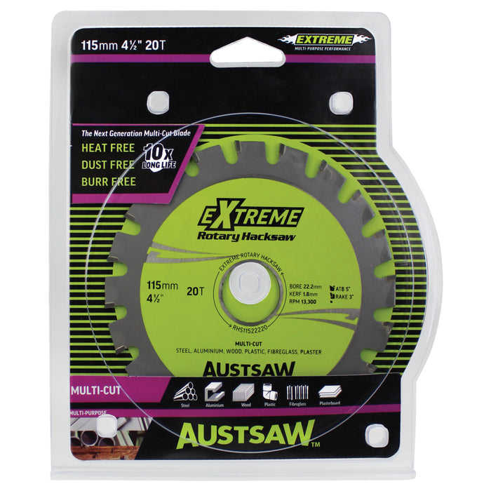 Austsaw - 115mm (4.5in) Rotary Hacksaw Blade - 22.2mm Bore - 20 Teeth